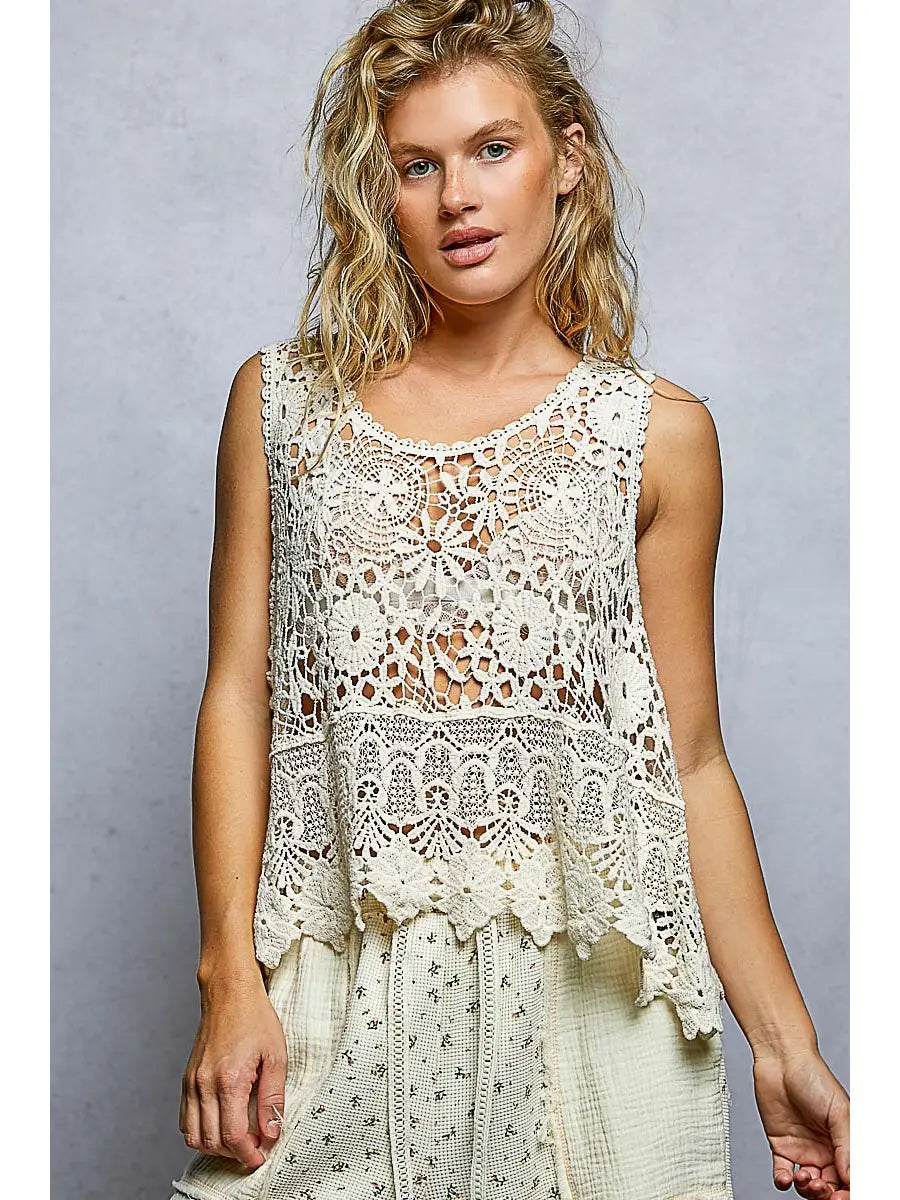 Round Neck Sleeveless Crochet Scalloped Top