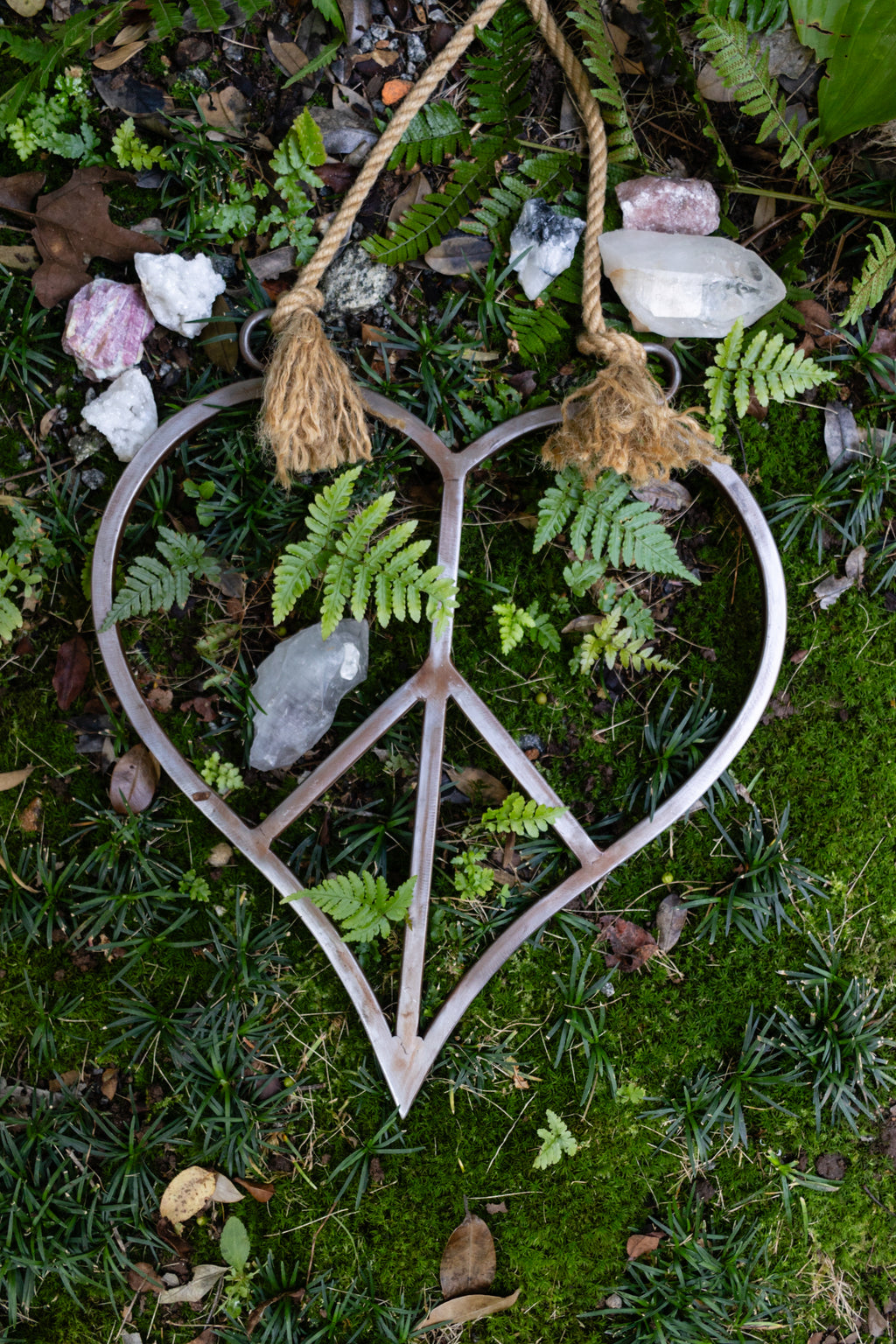 Small Hanging Metal & Jute Heart Peace Sign