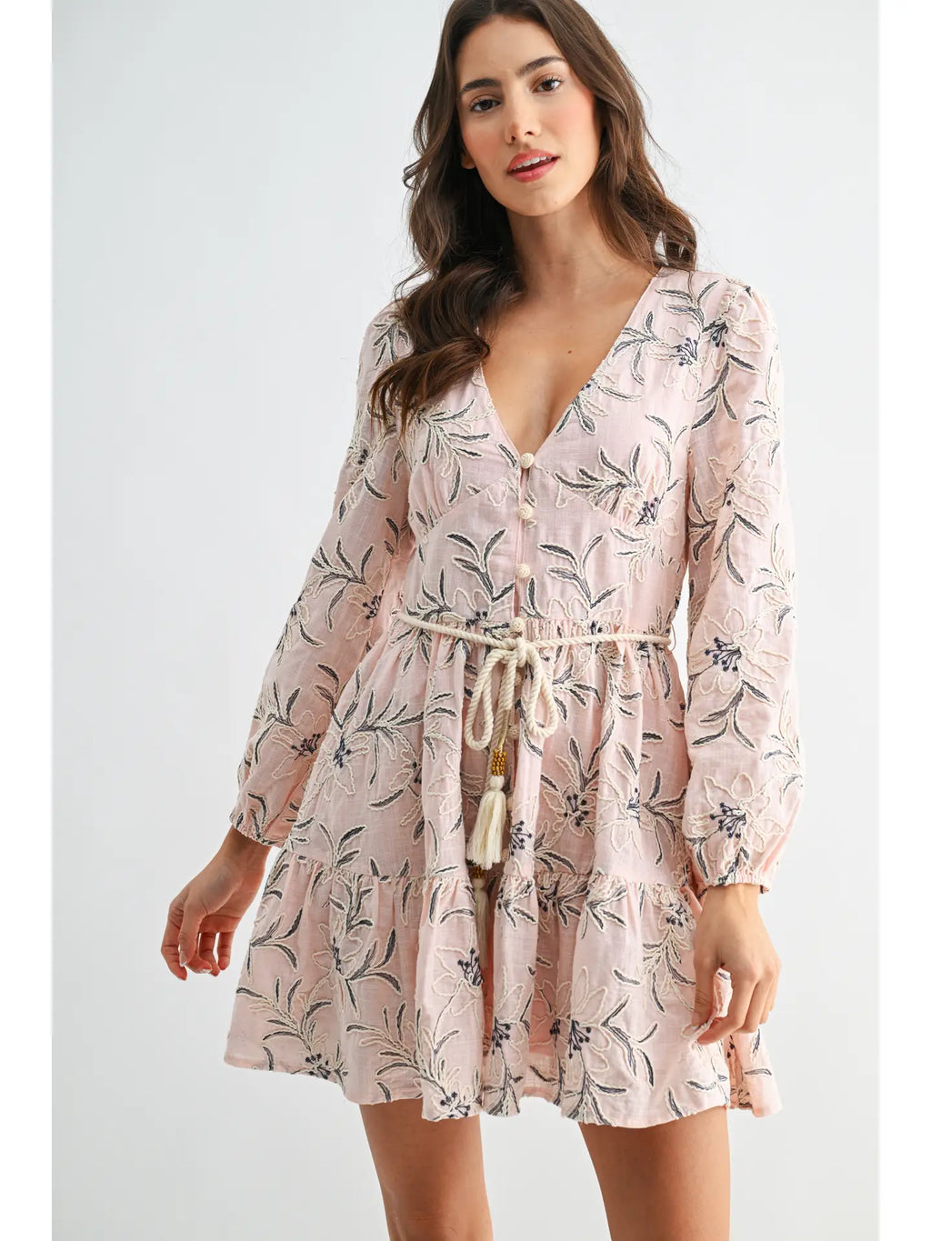Embroidered Floral Belted Long-Sleeve Mini Dress