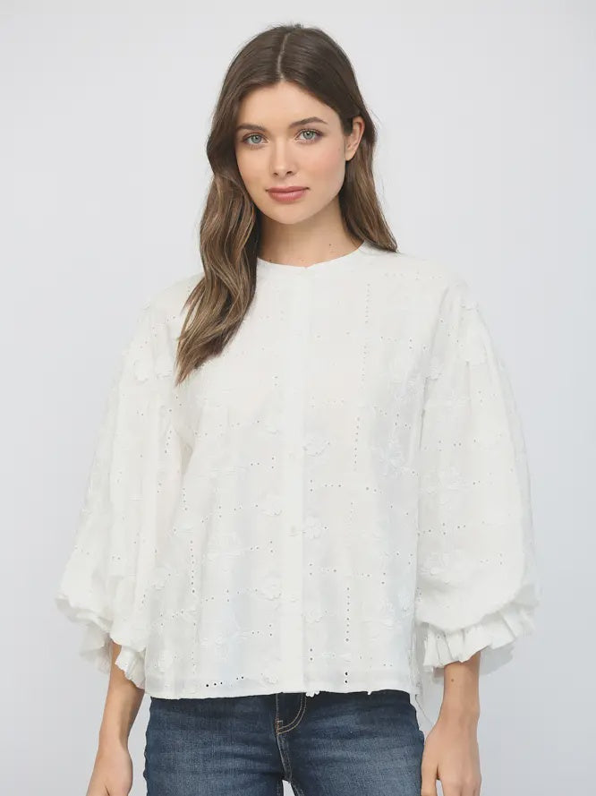 Floral Eyelet Blouse w Bubble Sleeve, Off White