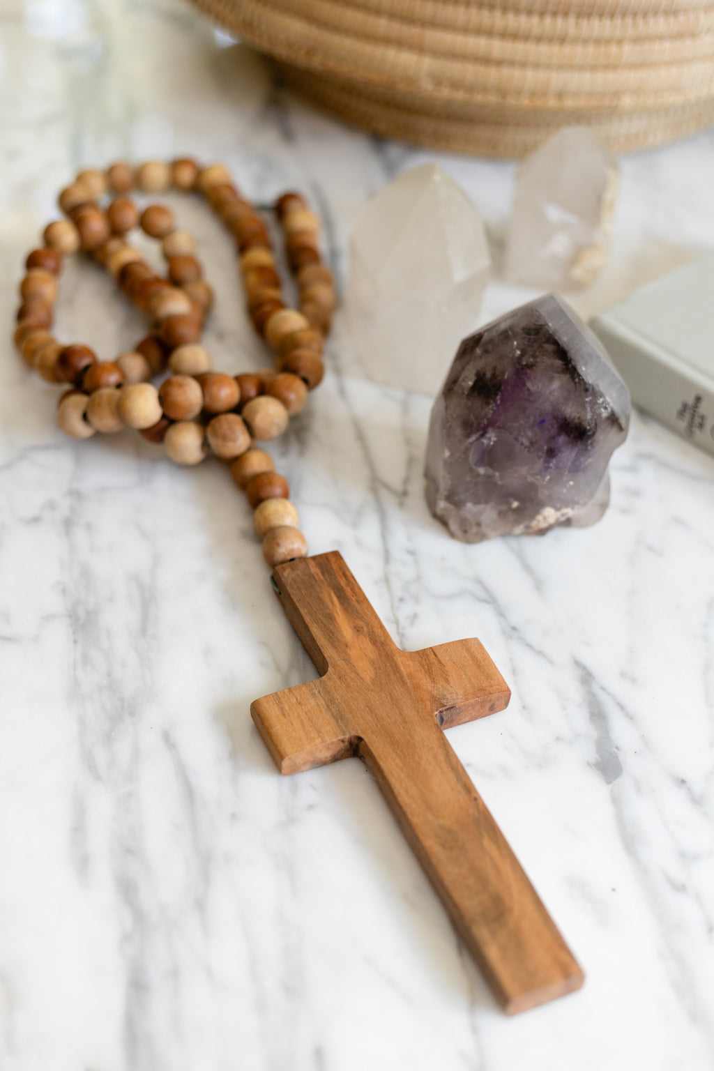 ***Cross on Natural Wood Bead Strand