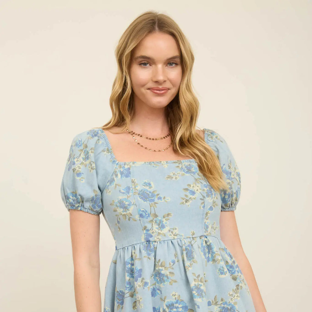 Floral Light Denim Puff Sleeve Mini Dress