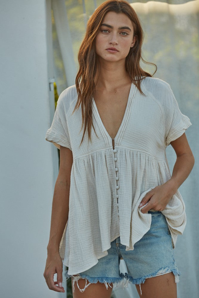 Woven Gauze Plunged V-Neck Button Top