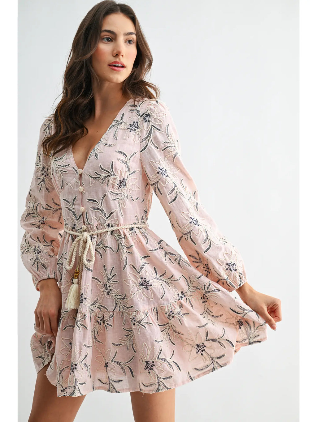 Embroidered Floral Belted Long-Sleeve Mini Dress