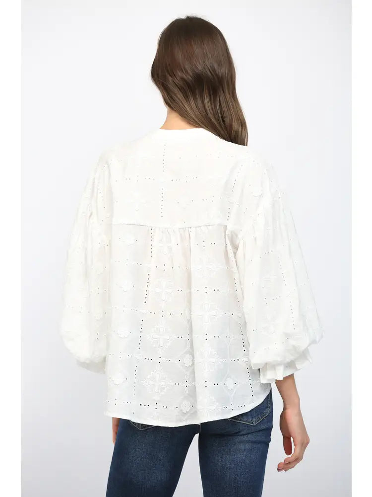 Floral Eyelet Blouse w Bubble Sleeve - Off White