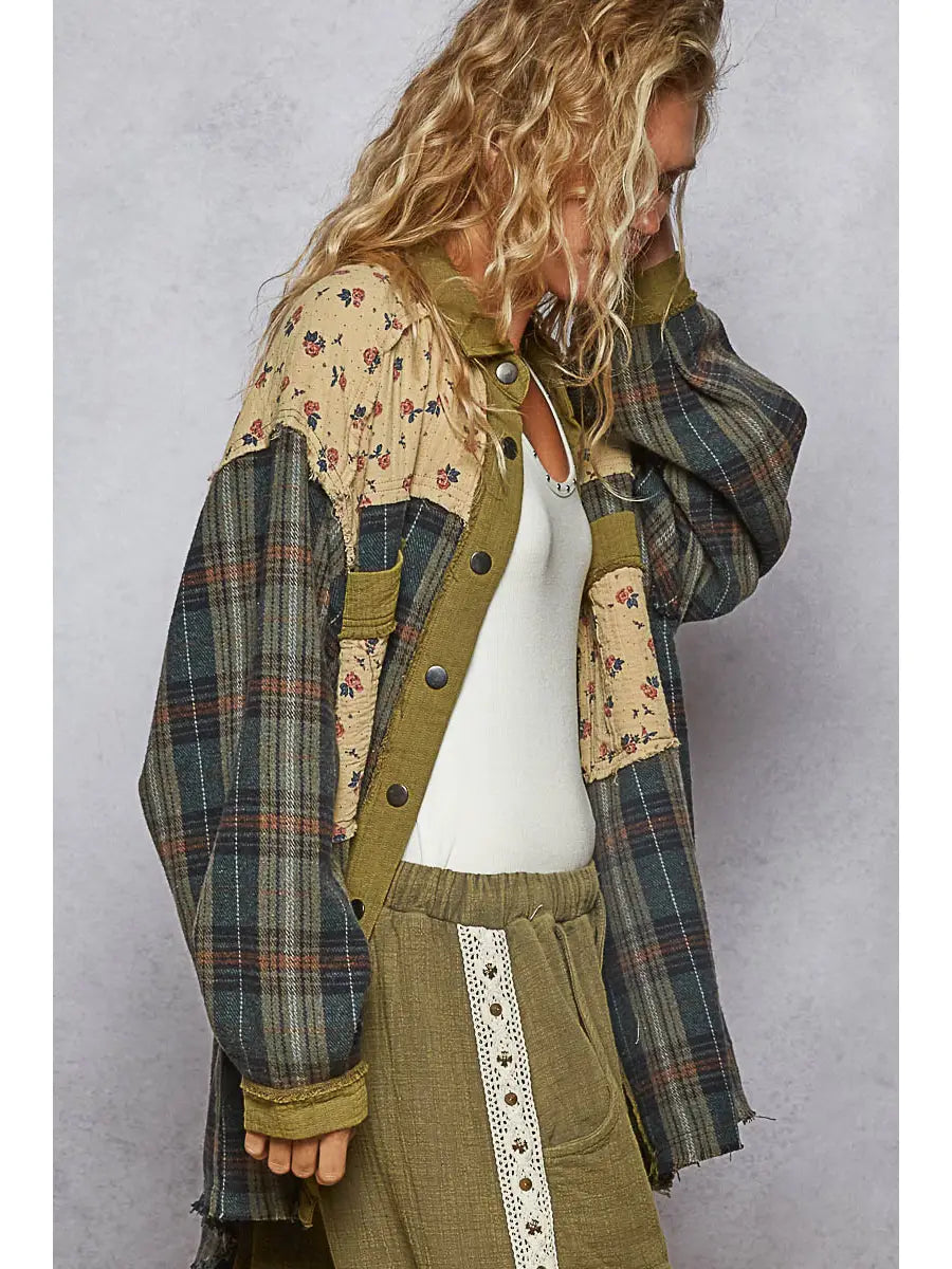 Long Sleeve Gauze Outseam Floral Plaid Shirt Jacket
