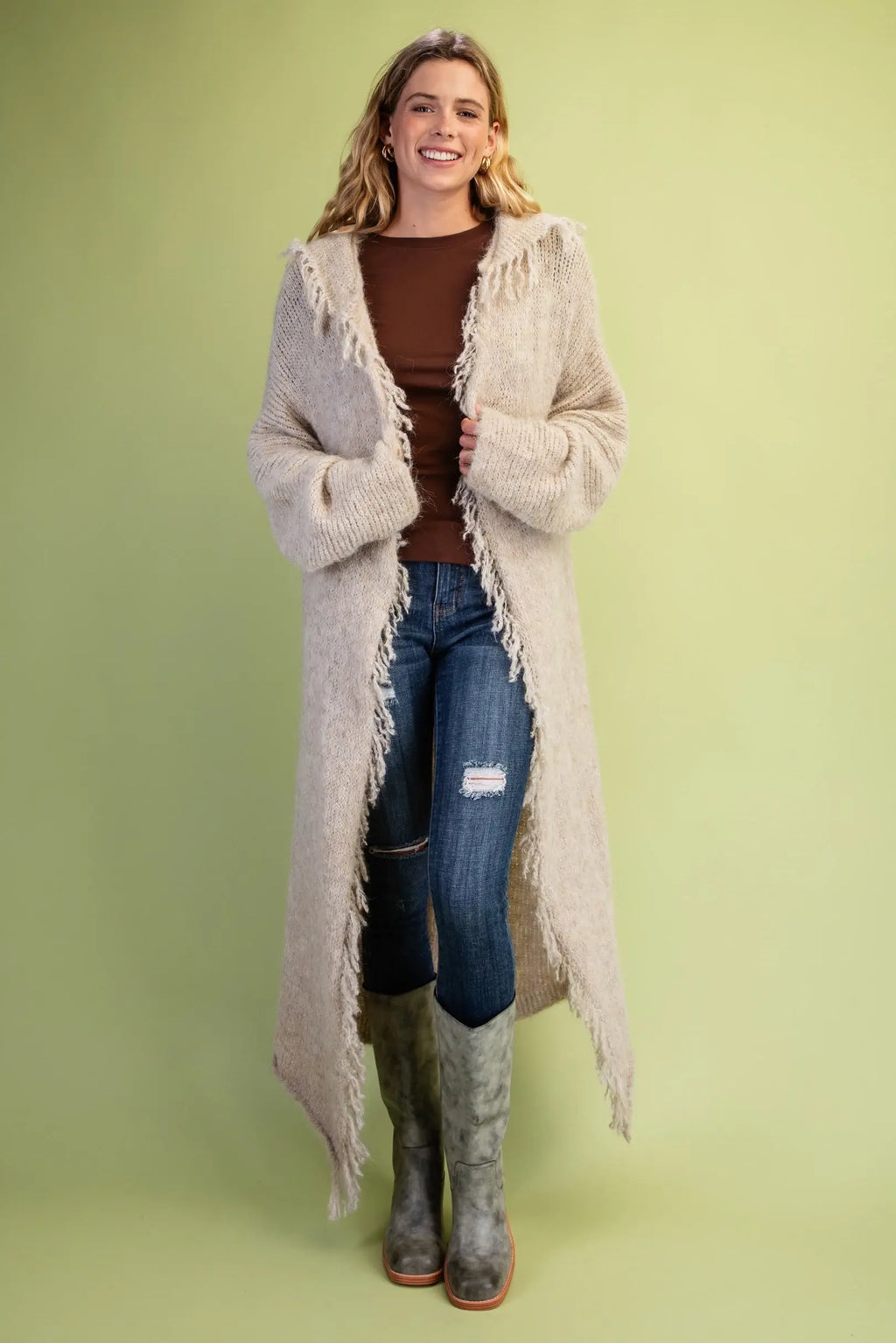 Shaggy Trim Cardigan with Hood - Latte
