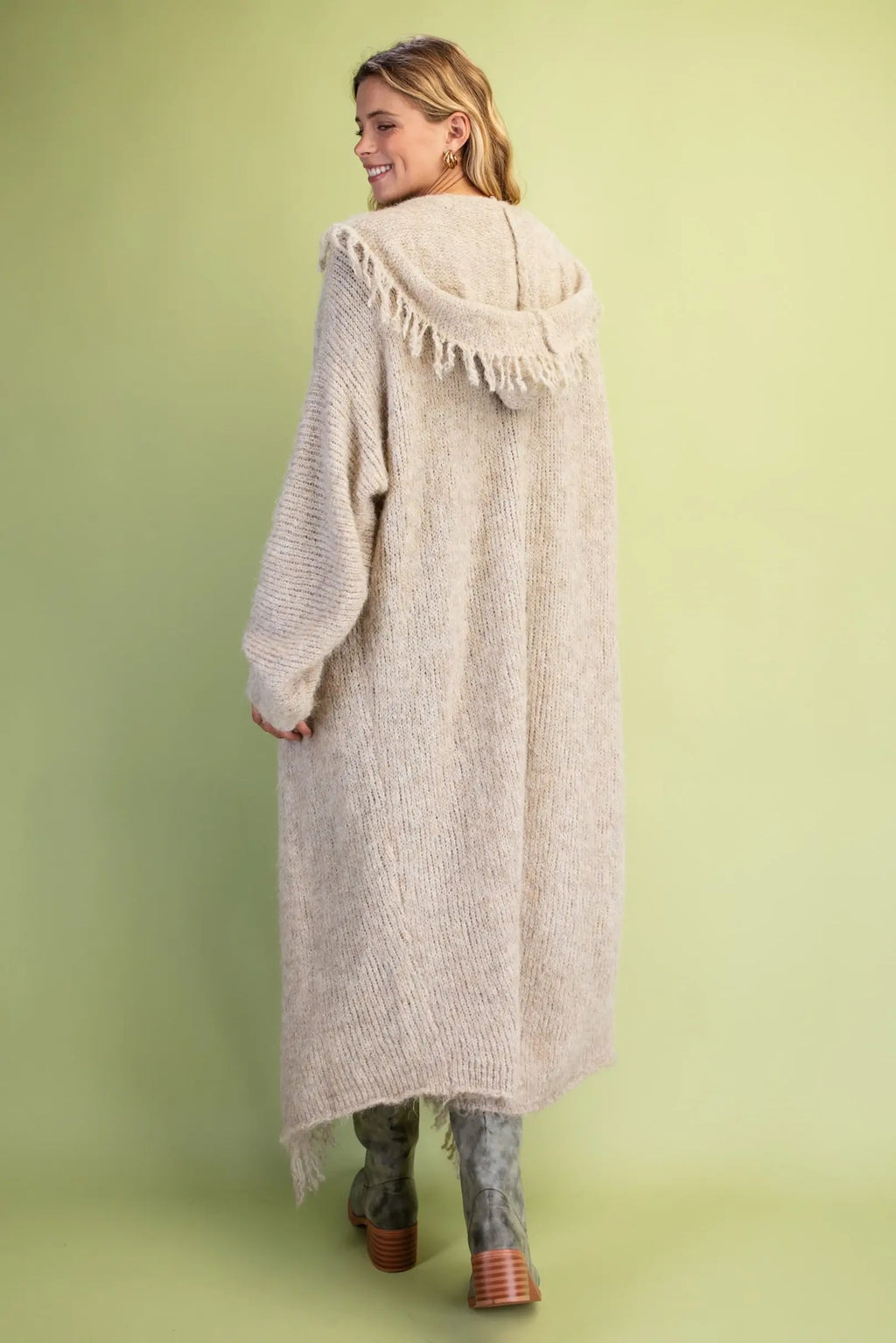 Shaggy Trim Cardigan with Hood - Latte