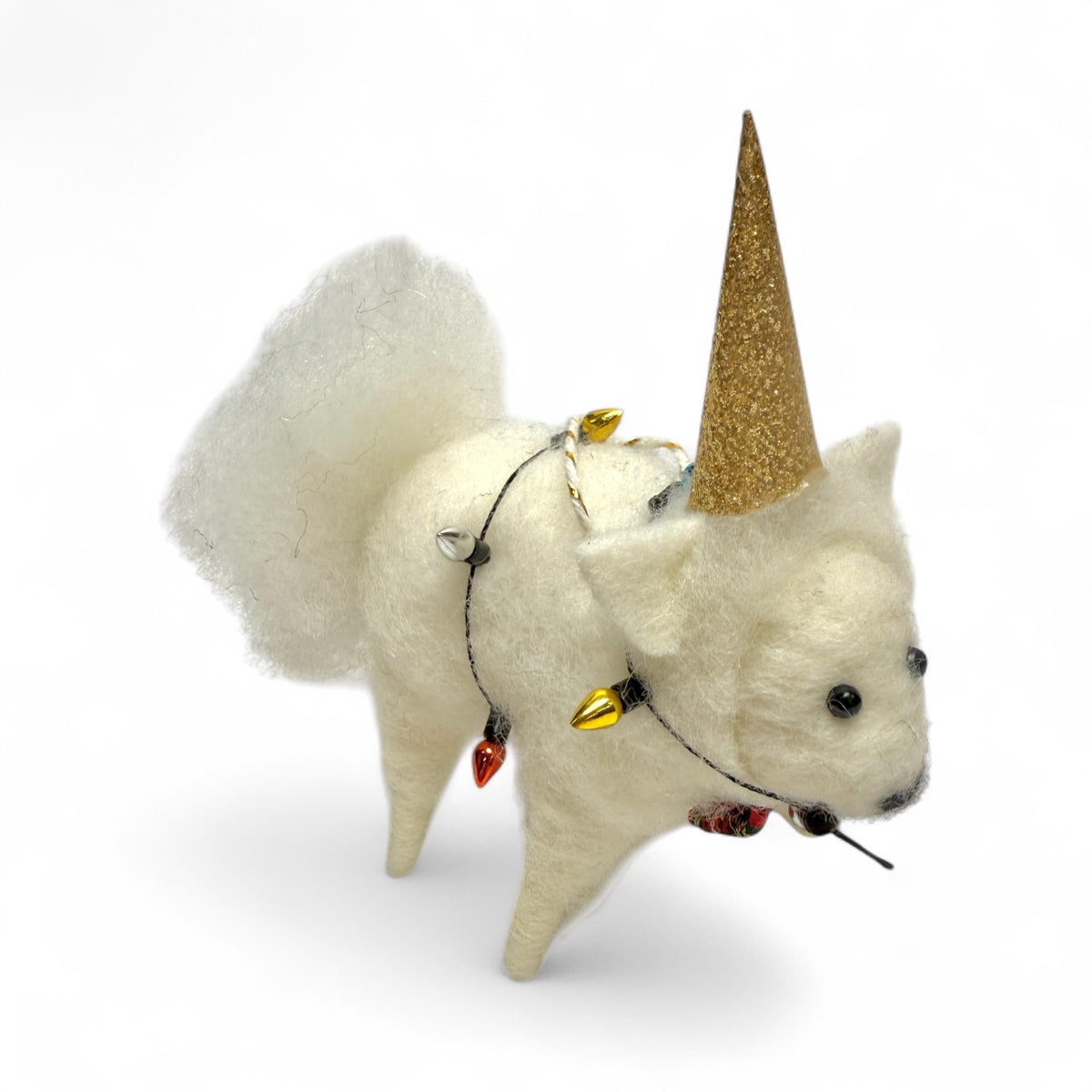 ***Fluffy White Dog With Gold Sparkly Party Hat & Lights Ornament - Mutley Crew Collection Second Edition