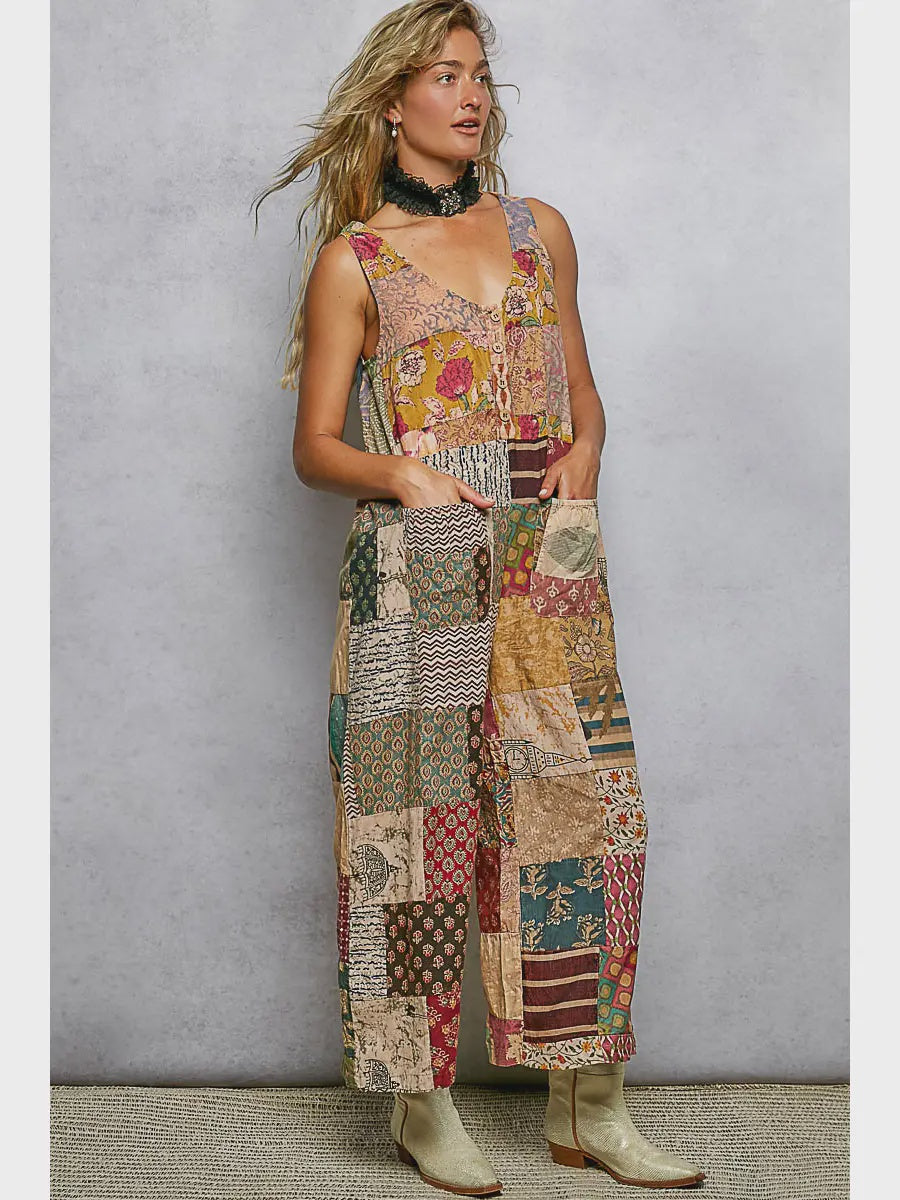 V-Neck Patchwork Dual Patch Pocket Overall