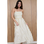 Striped Strapless Linen Midi Dress, Olive