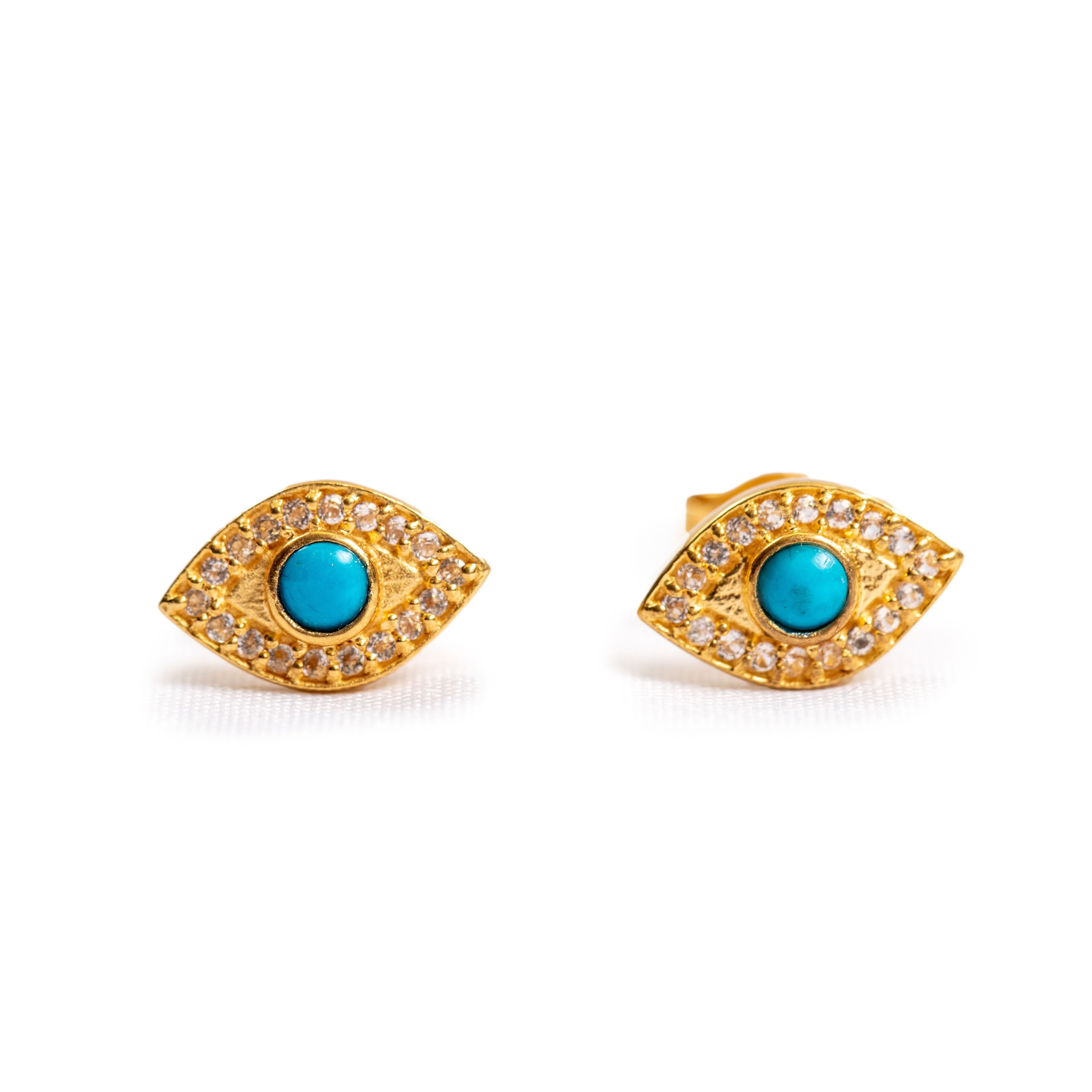 ***Turquoise and White Topaz Evil Eye Gold Plated Studs