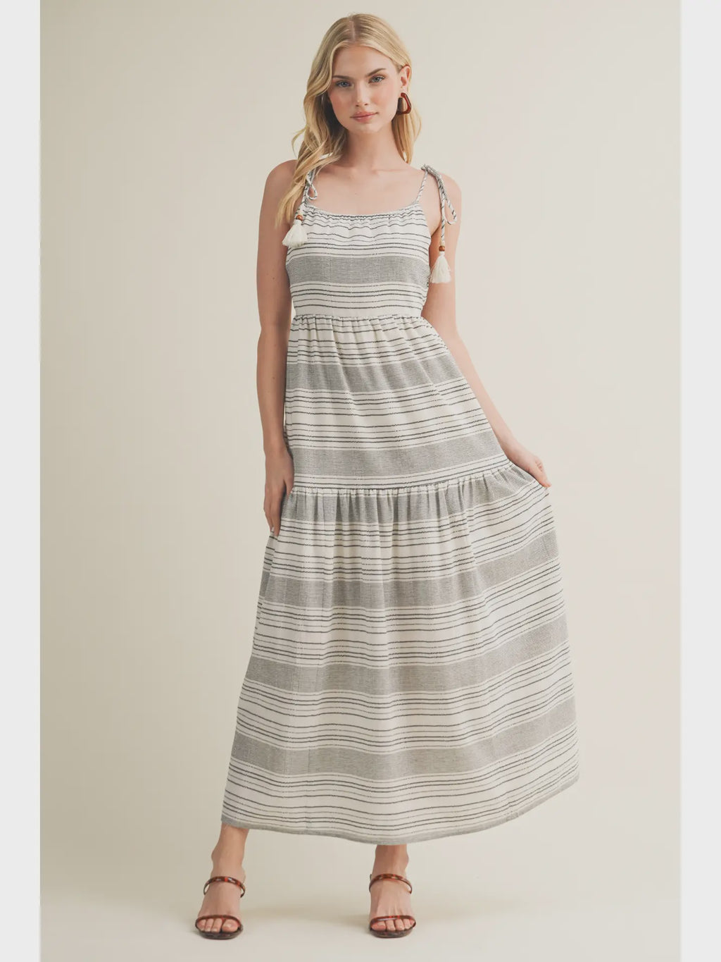 Striped Dress with Tassel and Bead Detail - Black