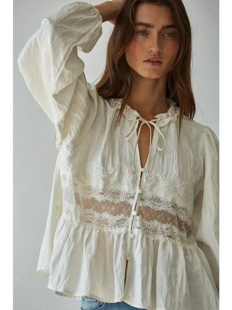 Woven Polyester Nylon Sheer Lace Detail Blouse