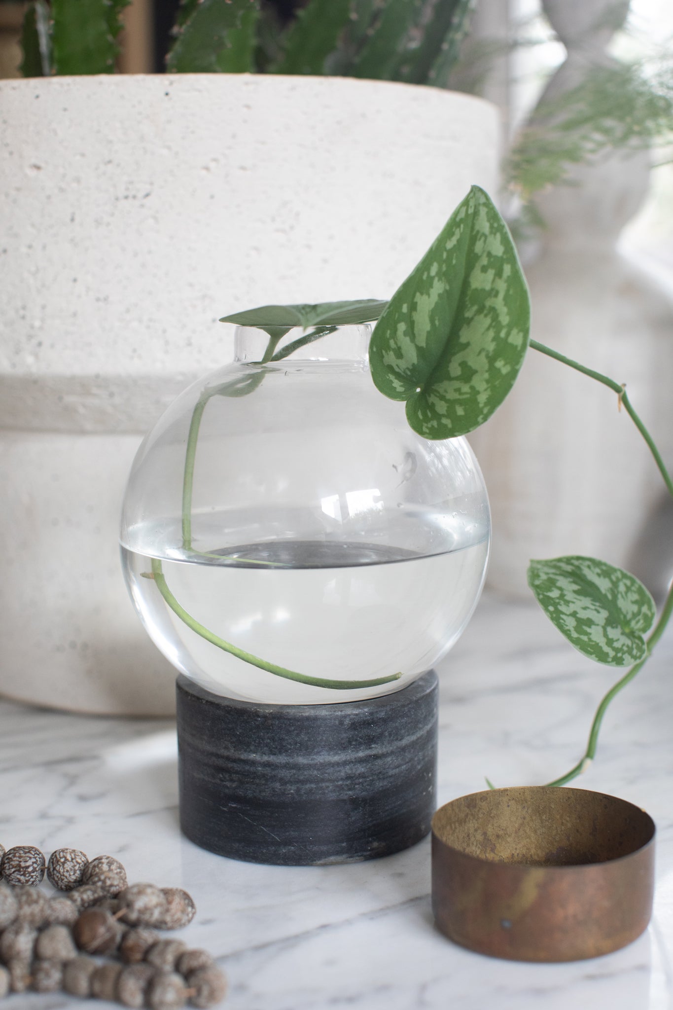 ***Medium Round Glass Dome Vase on Charcoal Marble Base - 5.75" x 5.75" x 8.5"