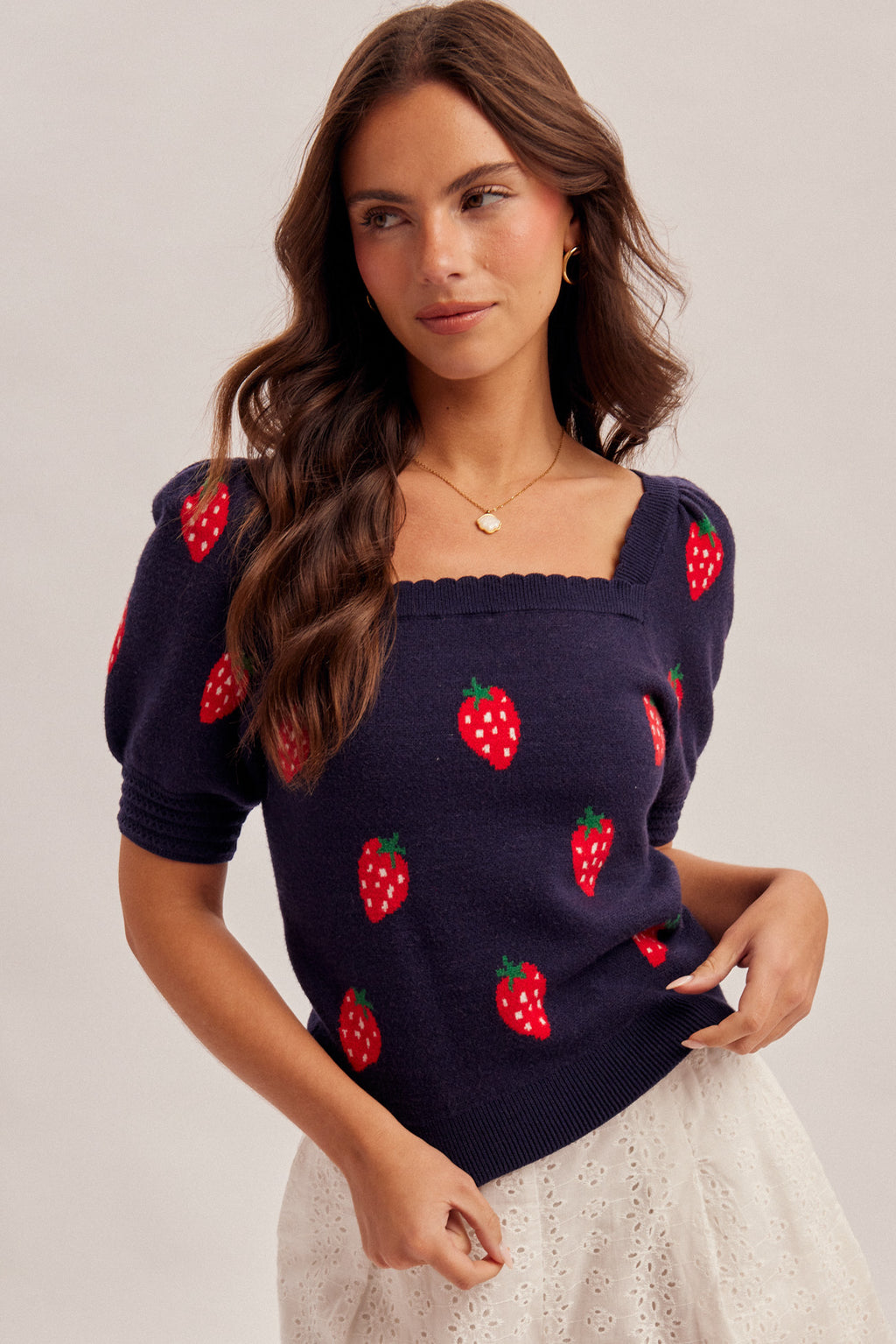 Strawberry Bubble Sleeve Sweater Top