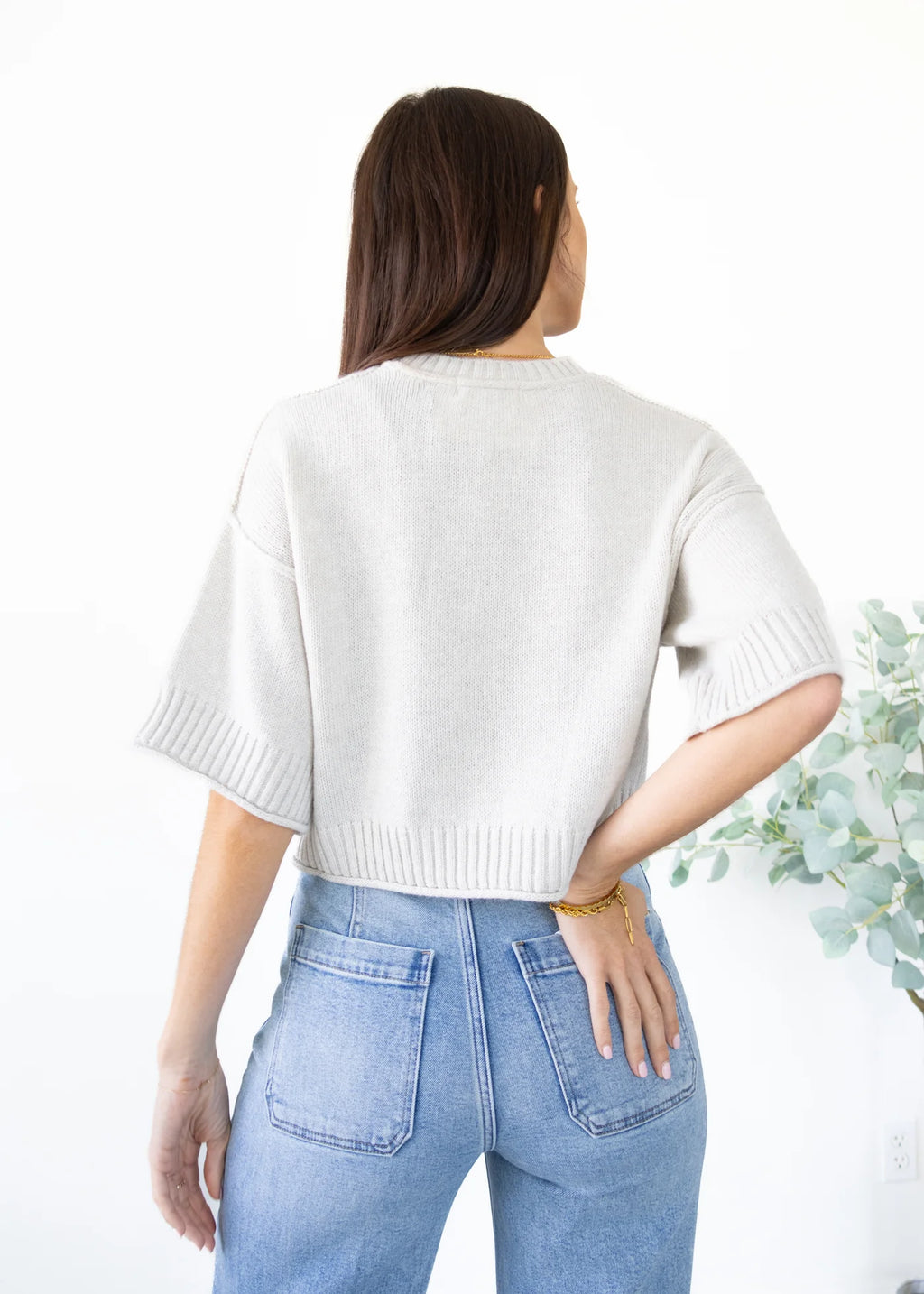 Crew Neck Short Sleeve Sweater, Oatmeal