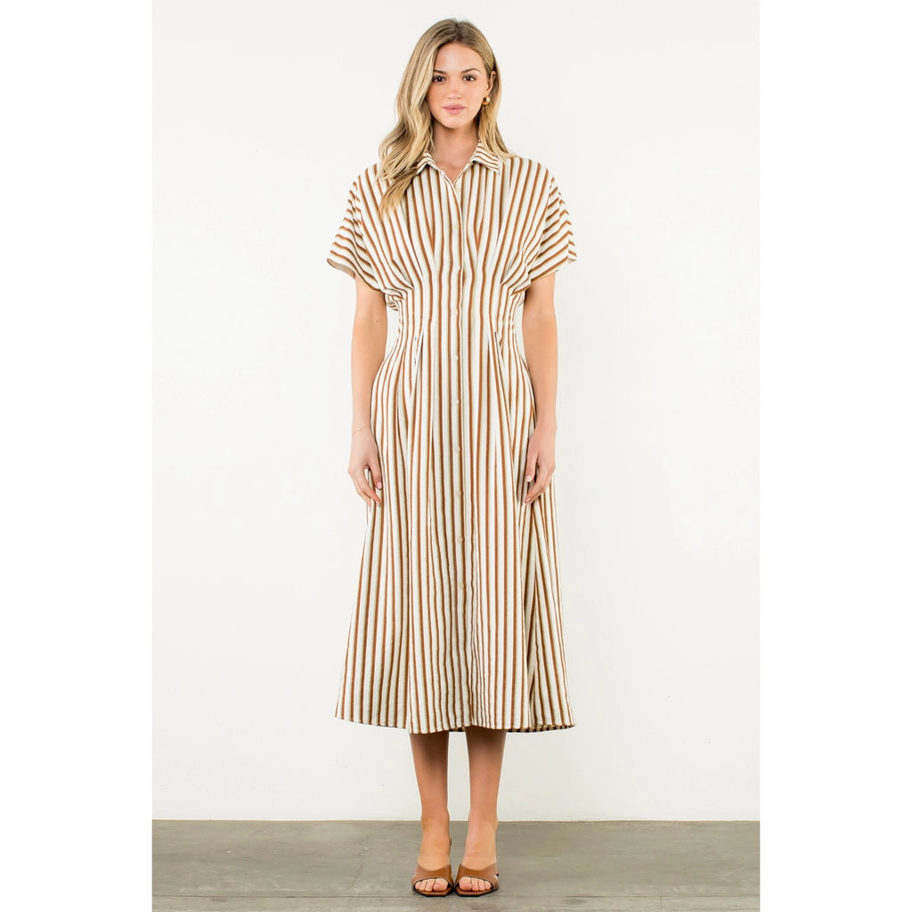 Button Up Short Sleeve Striped Maxi Dress