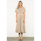 Button Up Short Sleeve Striped Maxi Dress