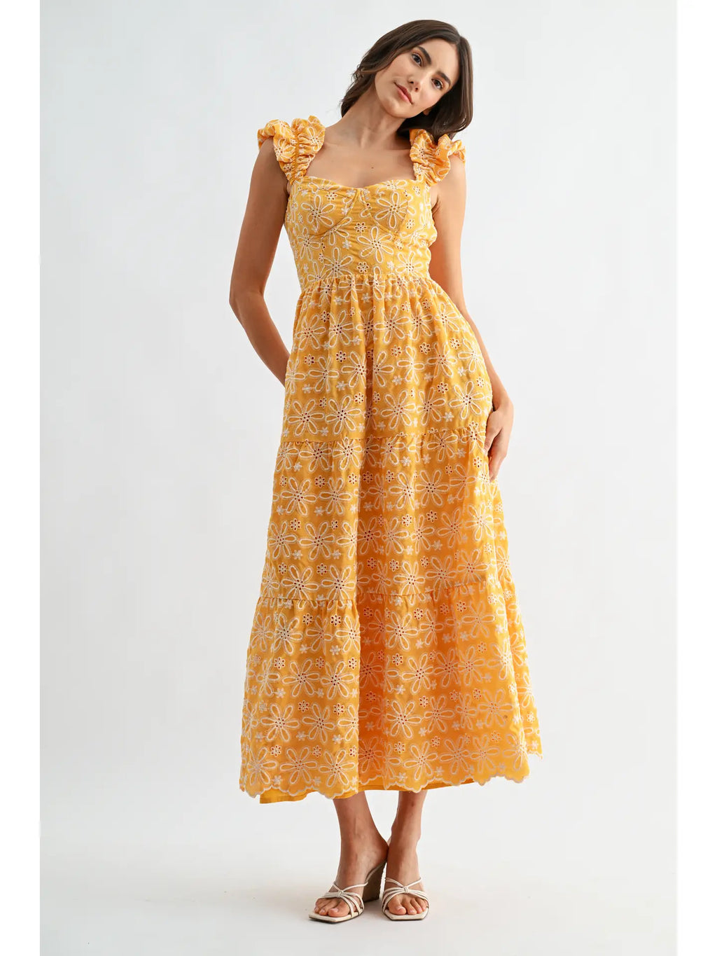 Floral Embroidered Midi Dress with Ruffle Sleeves