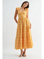 Floral Embroidered Midi Dress with Ruffle Sleeves