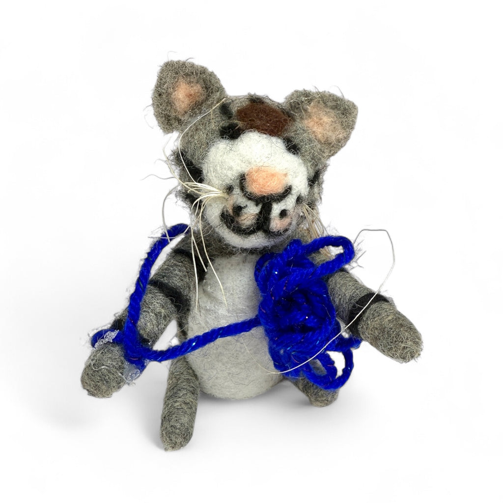 Grey & White Naughty Kitten with Blue Yarn Ornaments