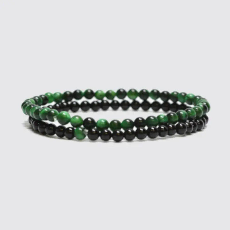 Onyx / Green Tiger Eyes Beaded Bracelet Set