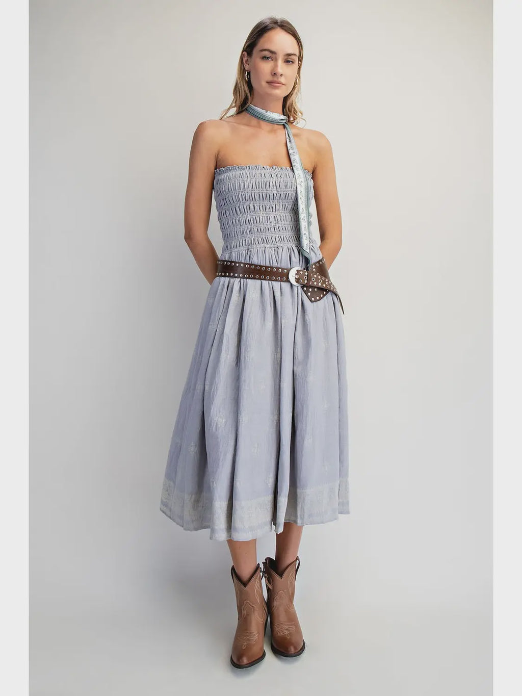 Blue Strapless Smocked Midi Dress