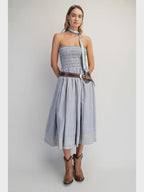 Blue Strapless Smocked Midi Dress