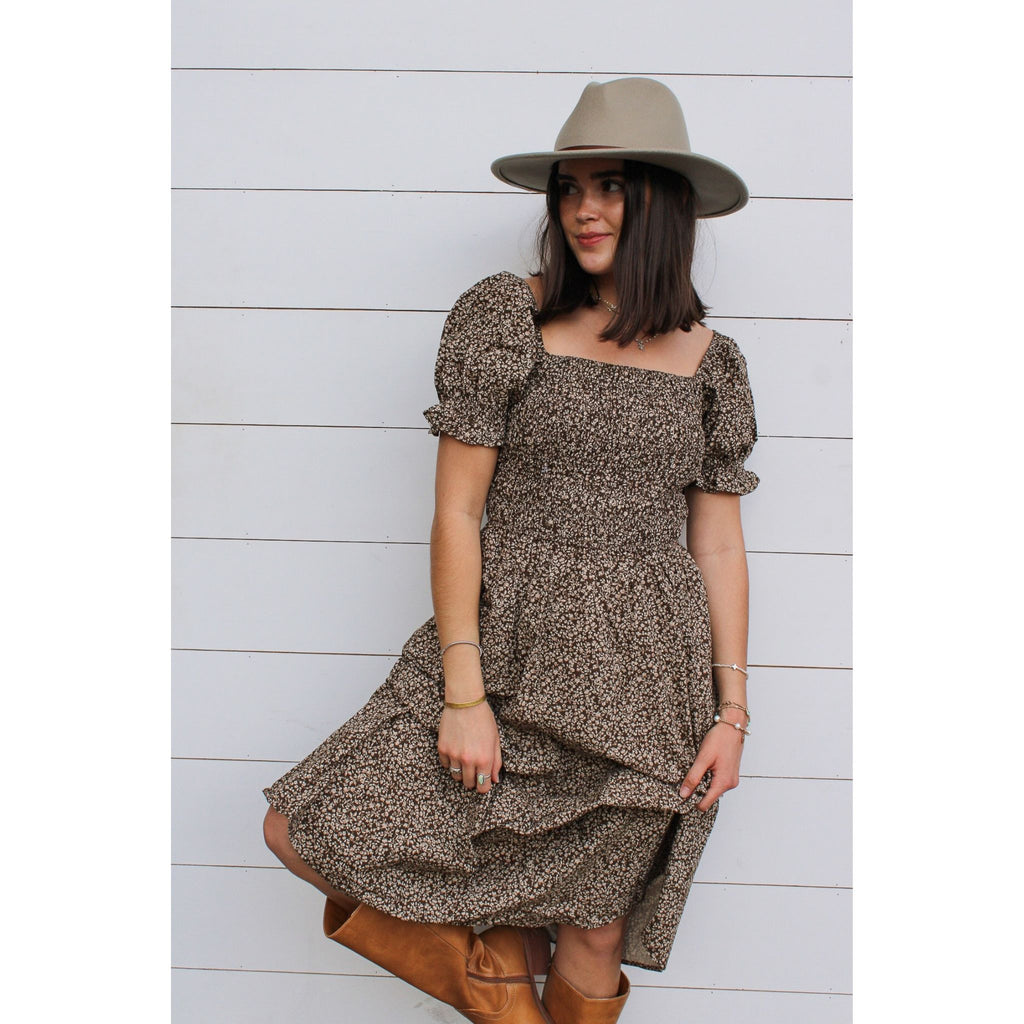 Floral A Line Dress, Brown
