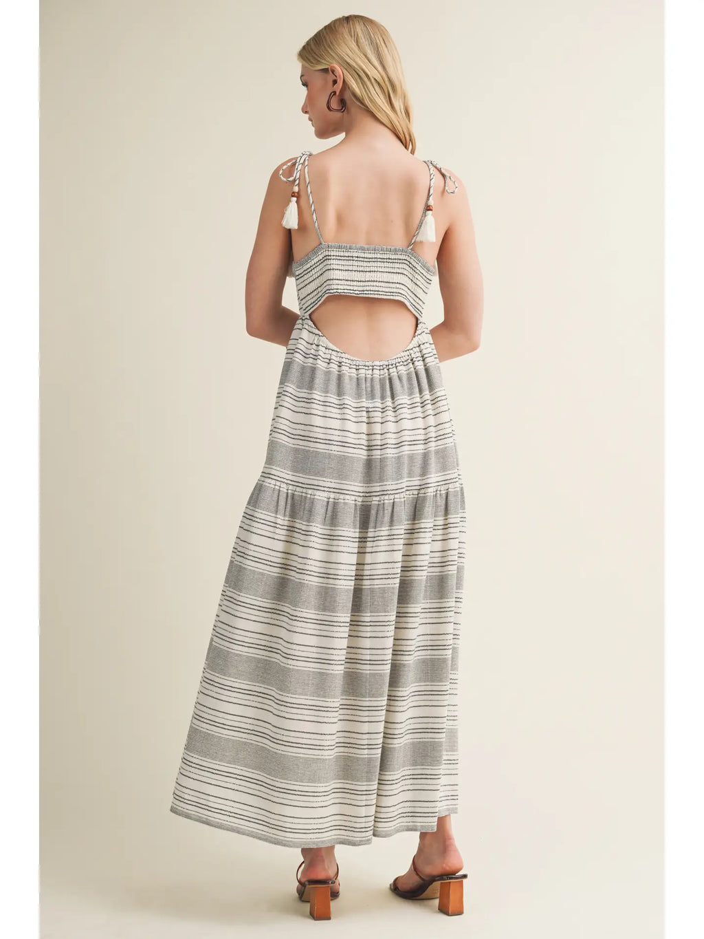 Striped Dress with Tassel and Bead Detail - Black