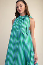 Stripe Dress with Sleeveless Ruffle Neck Tie Midi