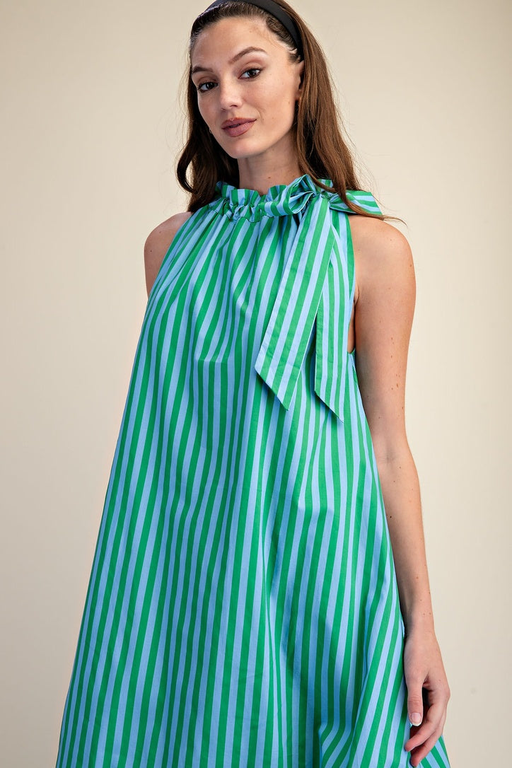 Stripe Dress with Sleeveless Ruffle Neck Tie Midi