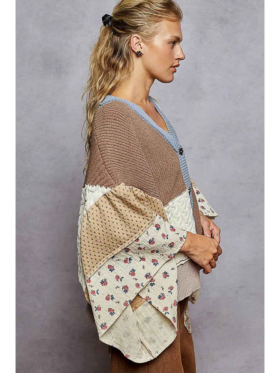V Neck Gauze Floral Chenille Sweater Cardigan, Choco