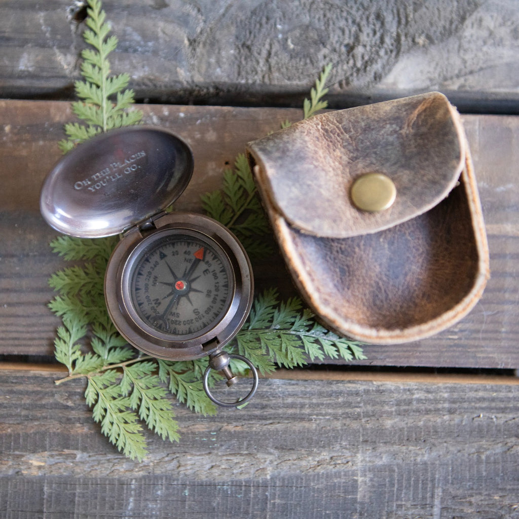 Oh The Places You'll Go Push Button Compass with Leather Pouch