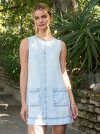 Sleeveless Pocket Detail Washed Denim Mini Dress