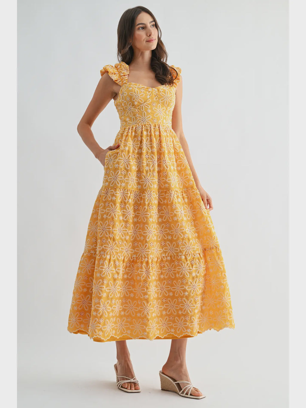Floral Embroidered Midi Dress with Ruffle Sleeves