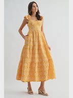 Floral Embroidered Midi Dress with Ruffle Sleeves