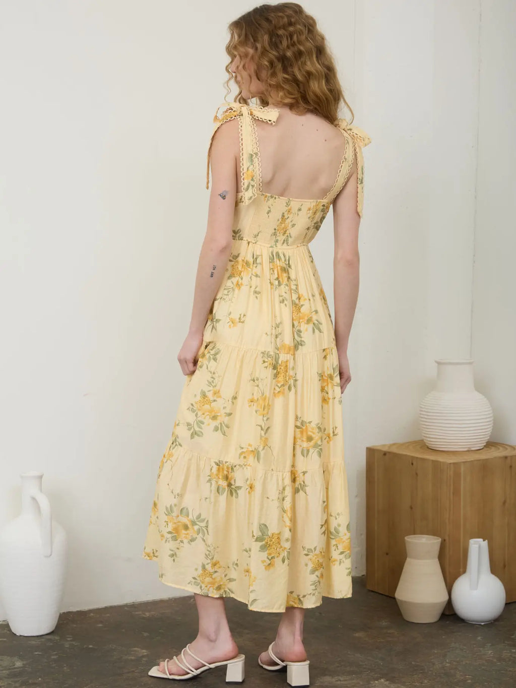 Floral Tie Strap with Scallop Lace Trim Midi Dress