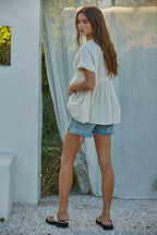 Woven Gauze Plunged V-Neck Button Top