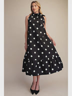 Polka Dot Midi Dress Sleeveless with Ruffle Neck Tie