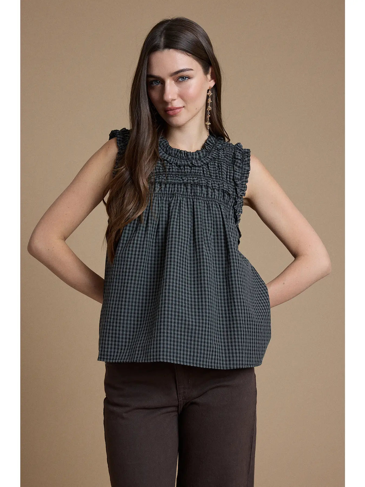 Smocked Ruffle Gingham Sleeveless Top in Grey