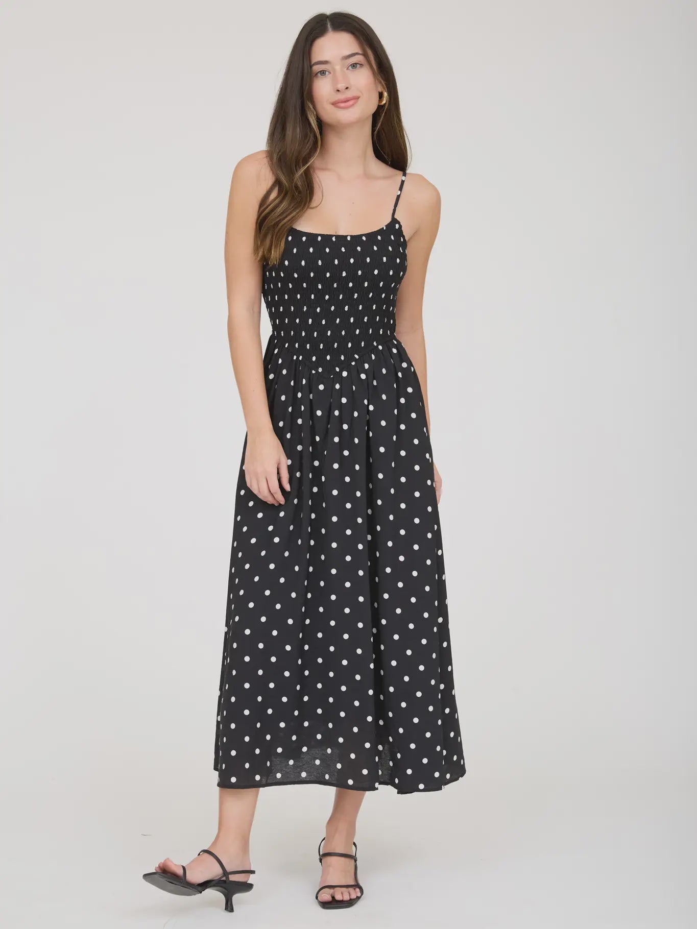 Polka Dot Smocked Basque Waist Midi Dress - Black