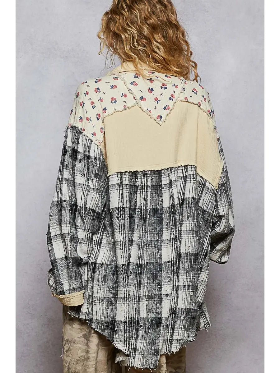Long Sleeve Gauze Outseam Floral Plaid Shirt Jacket