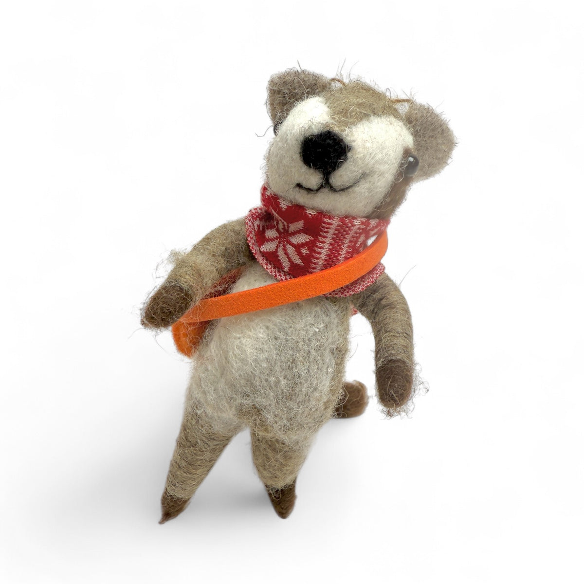 Raccoon With Red & White Scarf & Brown Satchel Ornament