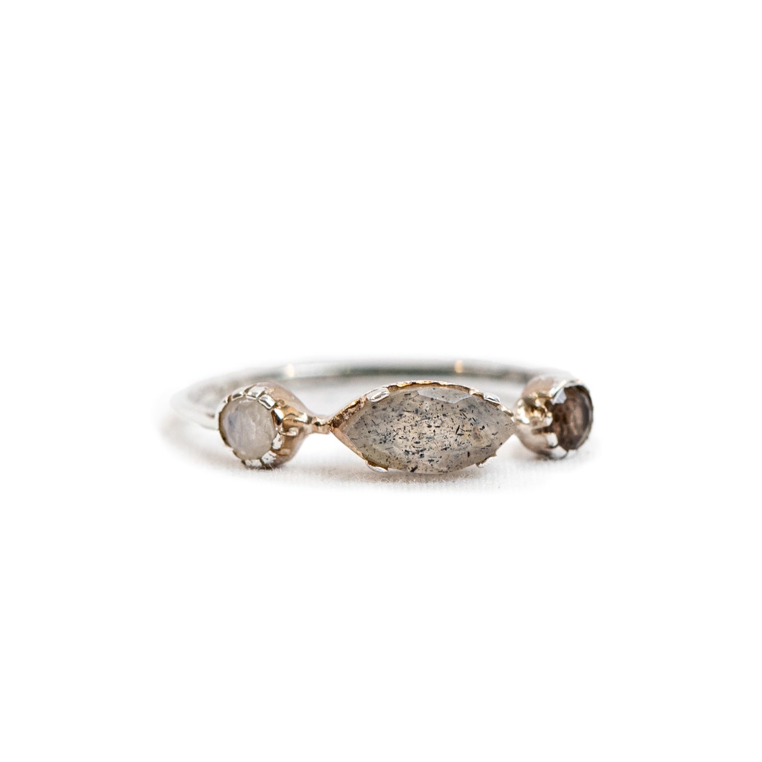 Rainbow Moonstone, Labradorite & Smoky Quartz Silver Ring - Size