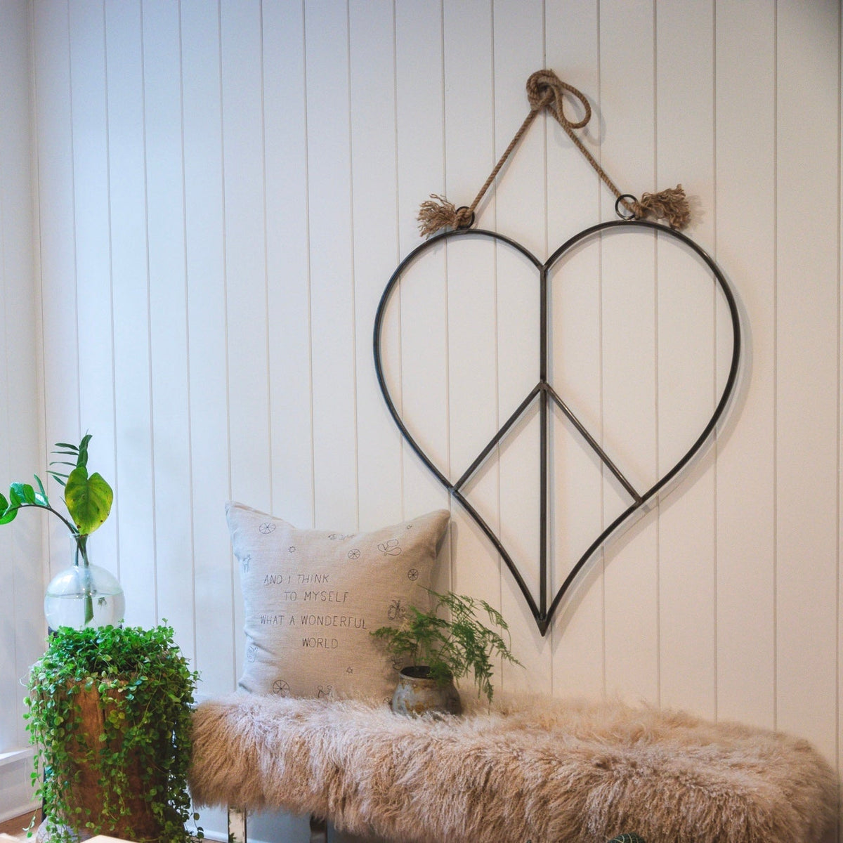 Hanging Metal & Jute Heart Peace Sign