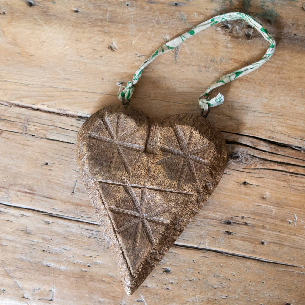 Kantha Hanging Carved Wooden Heart