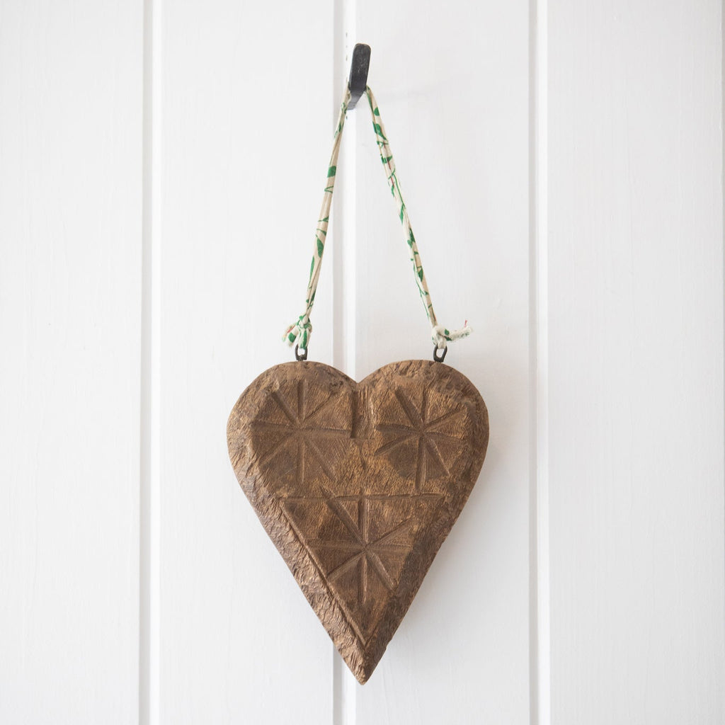 Kantha Hanging Carved Wooden Heart