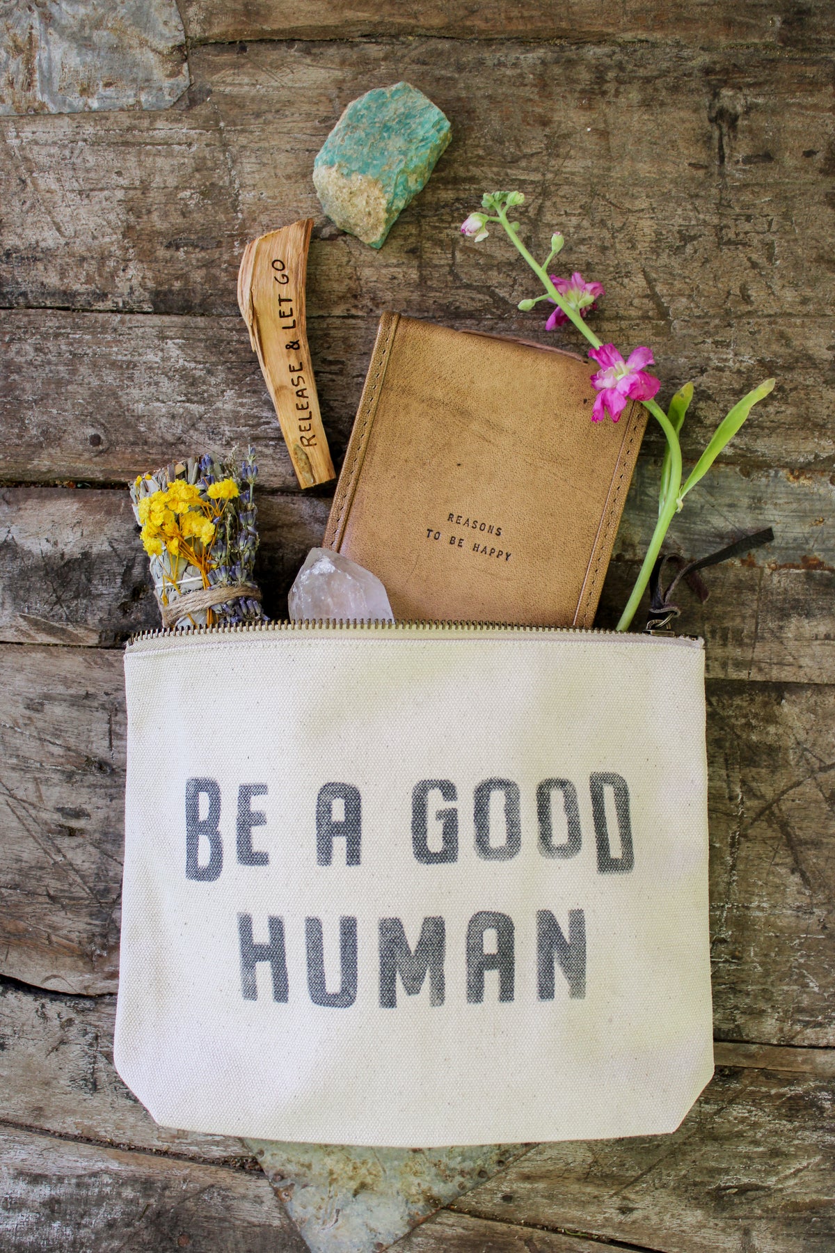 Be A Good Human Canvas Zip Bag - Cream
